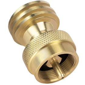 GasPro 1lb propane tank adapter close-up shows solid brass construction for outdoor use.