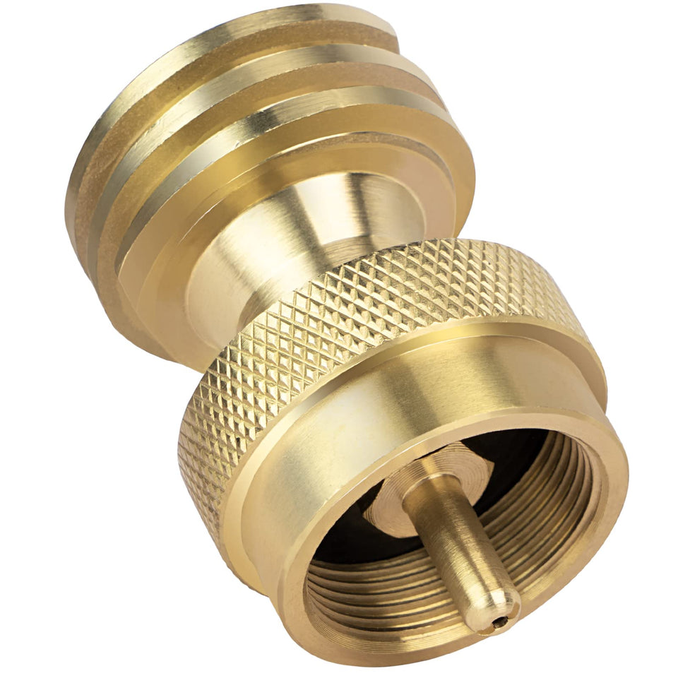 GasPro 1lb propane tank adapter close-up shows solid brass construction for outdoor use.