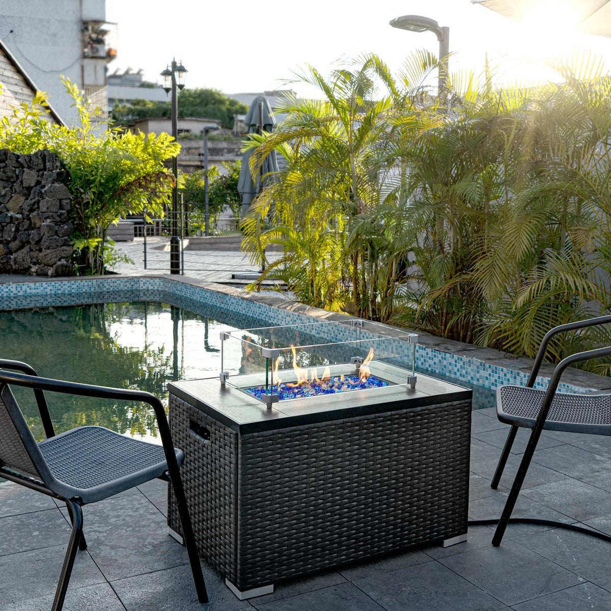 GASPRO glass beads arranged on a fire pit table create a dramatic flame backdrop.