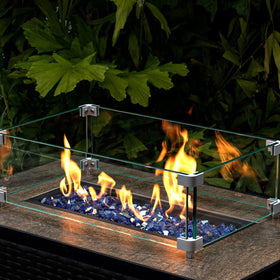 GasPro cobalt blue reflective fire glass creates vivid flame reflections in evenings.