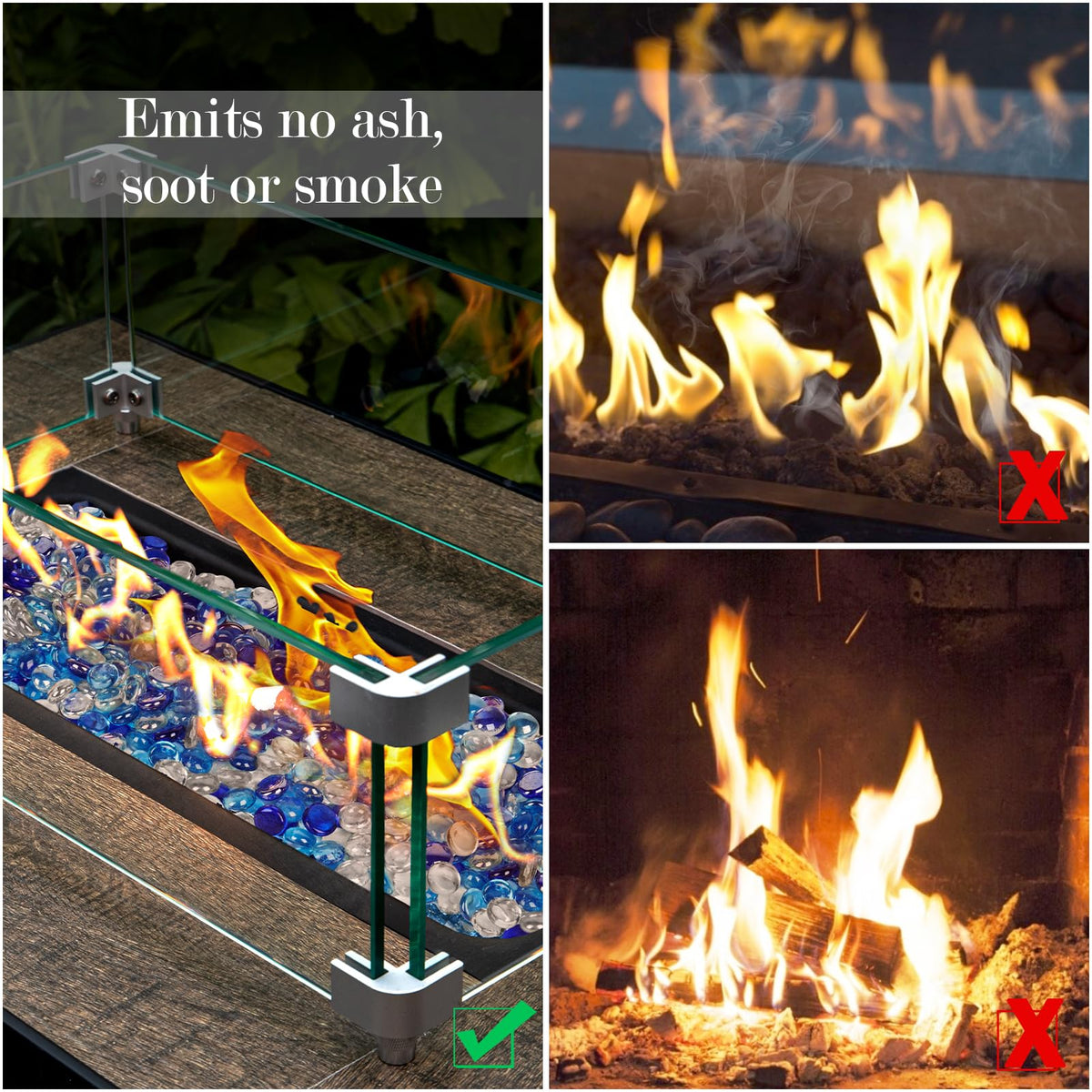GASPRO fire glass under night flames reflects color and glow.