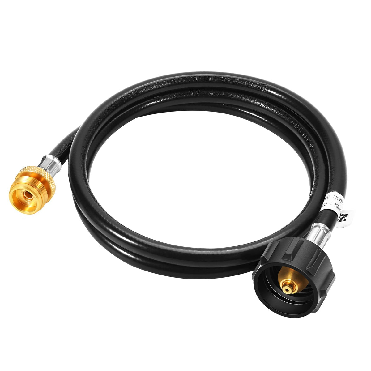 GasSaf 5ft propane hose connector showing secure brass fittings for outdoor grilling