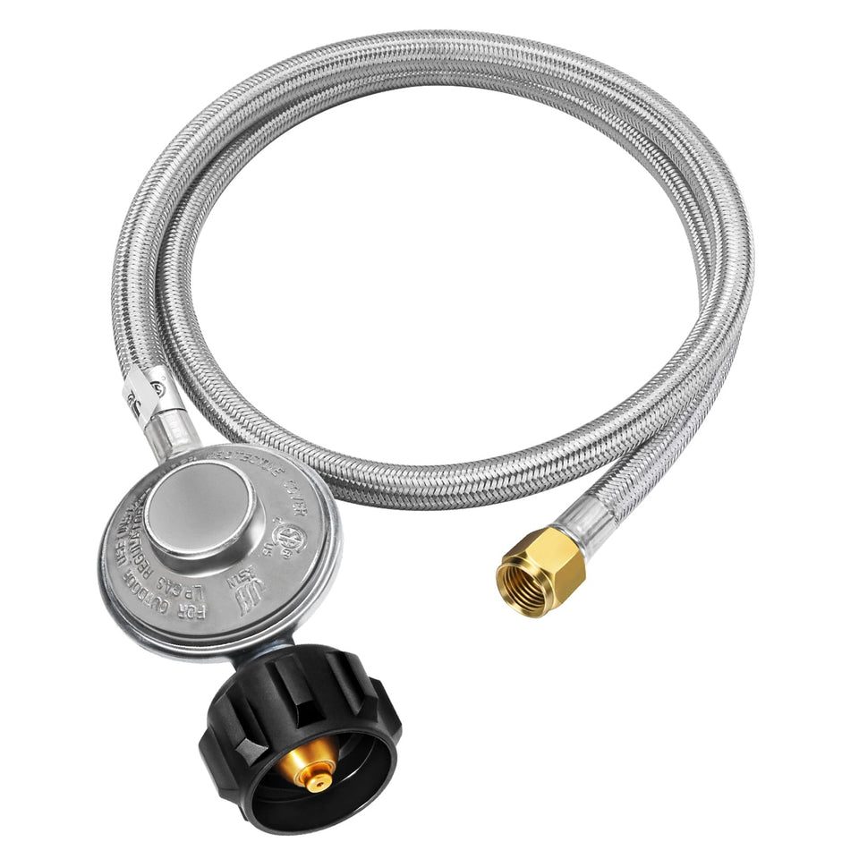 GasSaf 6ft propane regulator and hose ready for precise outdoor flame control during grilling