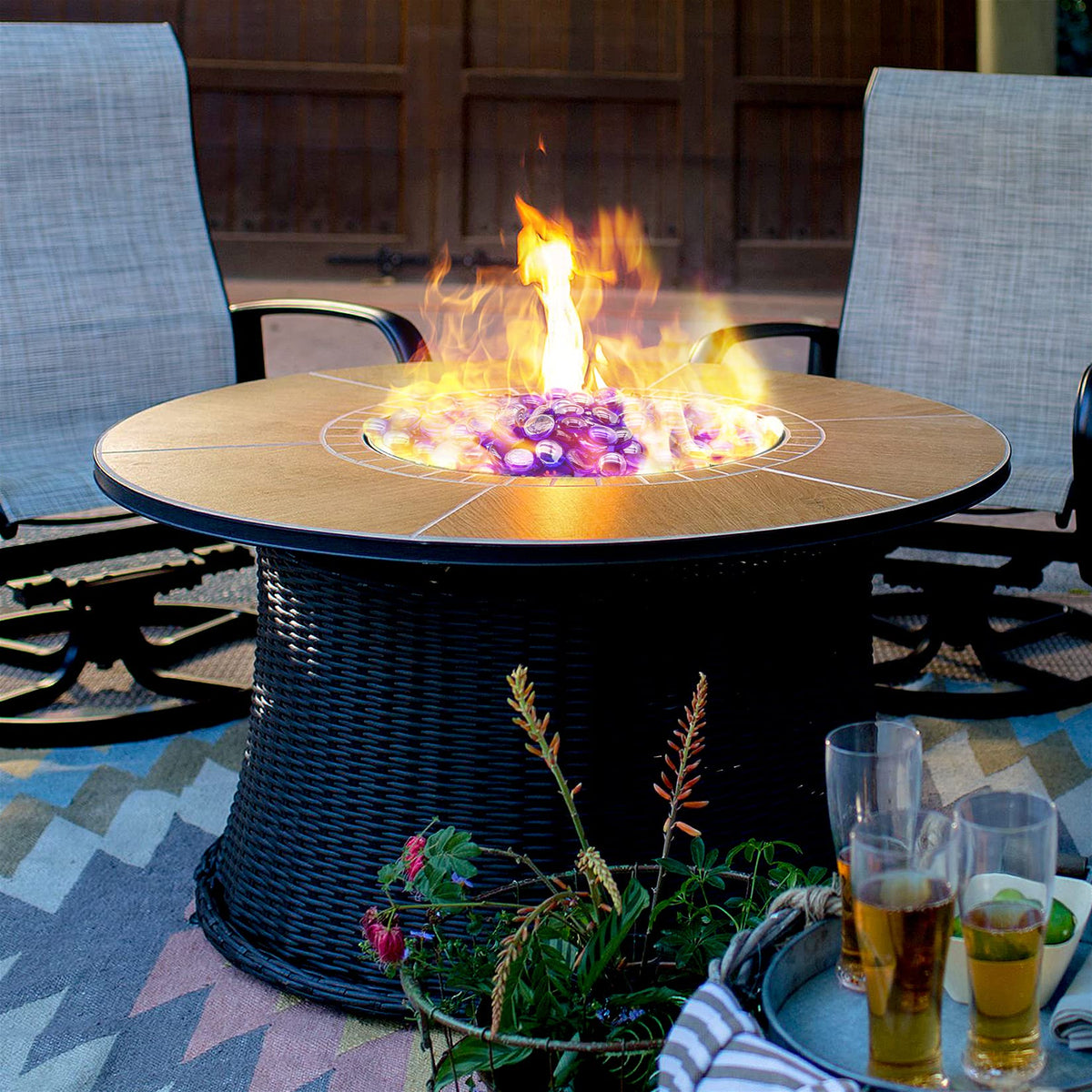 GasSaf blue fire glass beads create poolside accents with vibrant shimmer.