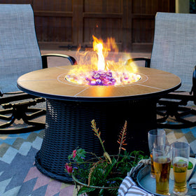 GasSaf blue fire glass beads create poolside accents with vibrant shimmer.