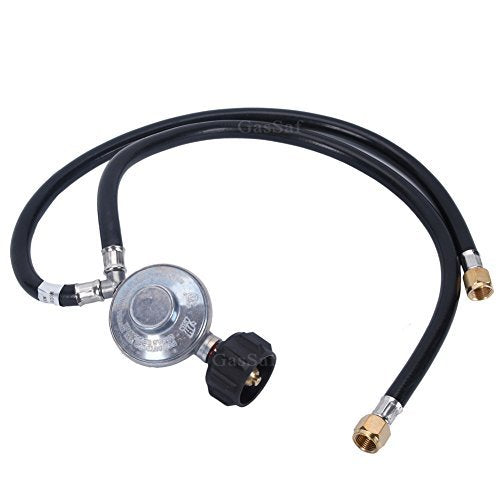 GasSaf dual-hose Y-splitter regulator attached to propane tank for dual-output use