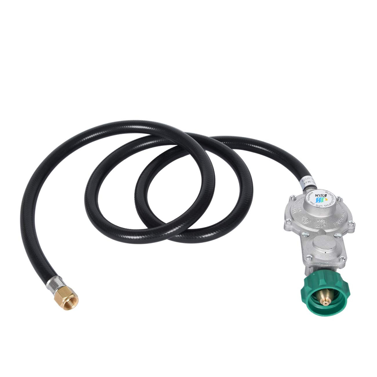 GasSaf two-stage regulator setup with hose for propane flow
