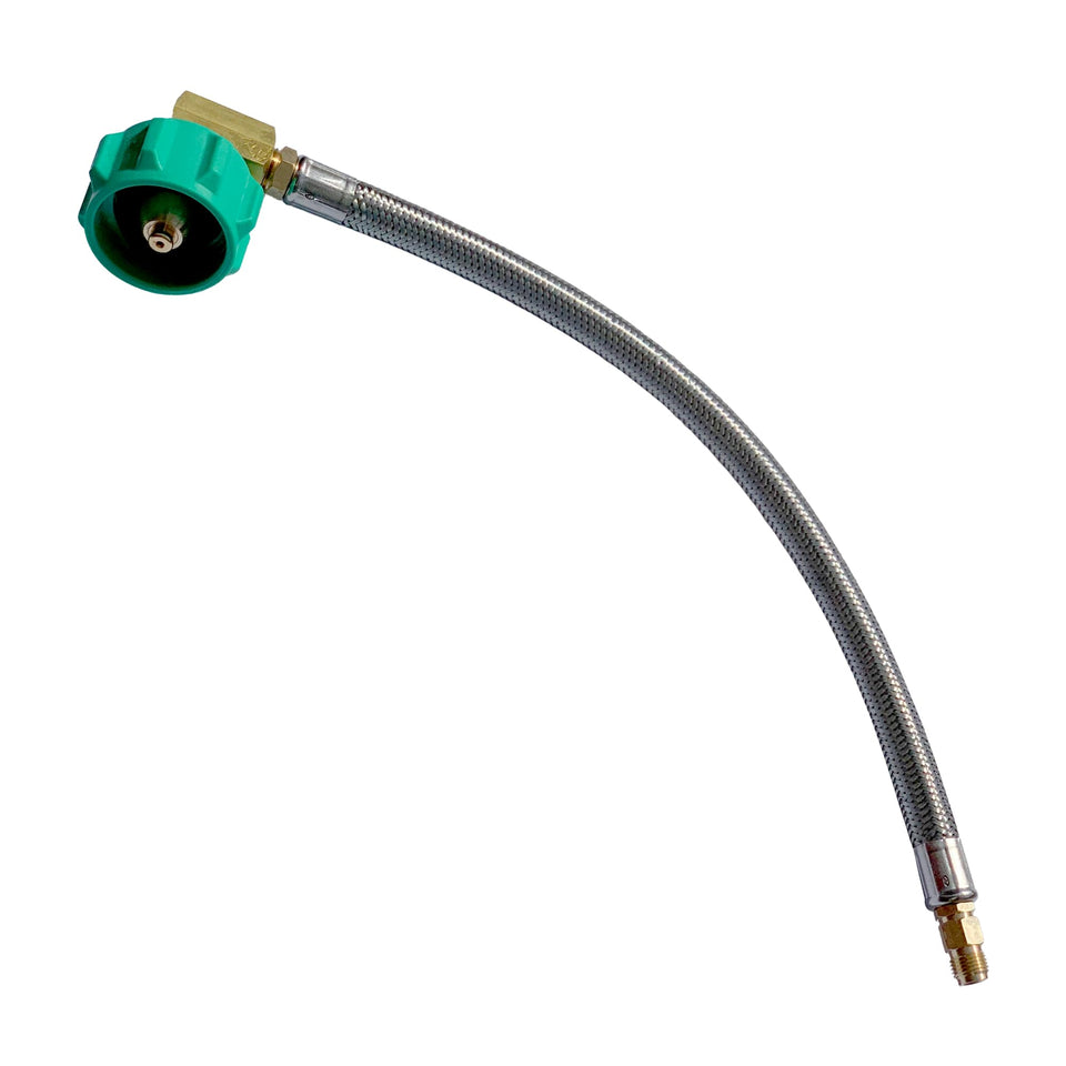 GasGear 90-degree elbow pigtail for RV propane hoses improves fit in tight spaces.