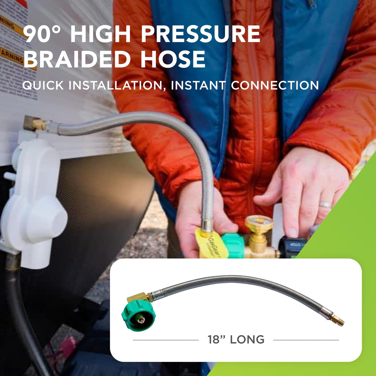 GasGear stainless braided hose offers durable, leak-resistant propane connections for outdoor RV use.