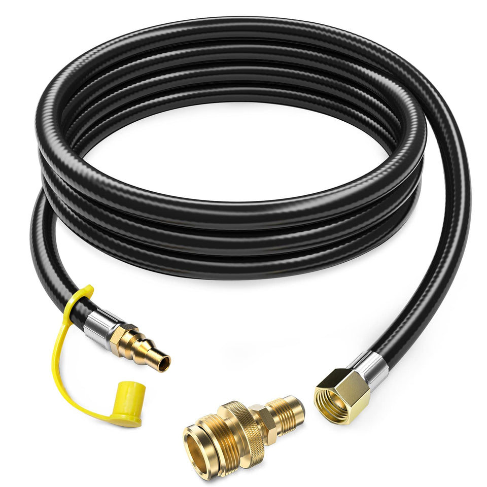 GasXpert 12ft propane hose with quick connect, easy RV setup for grills.