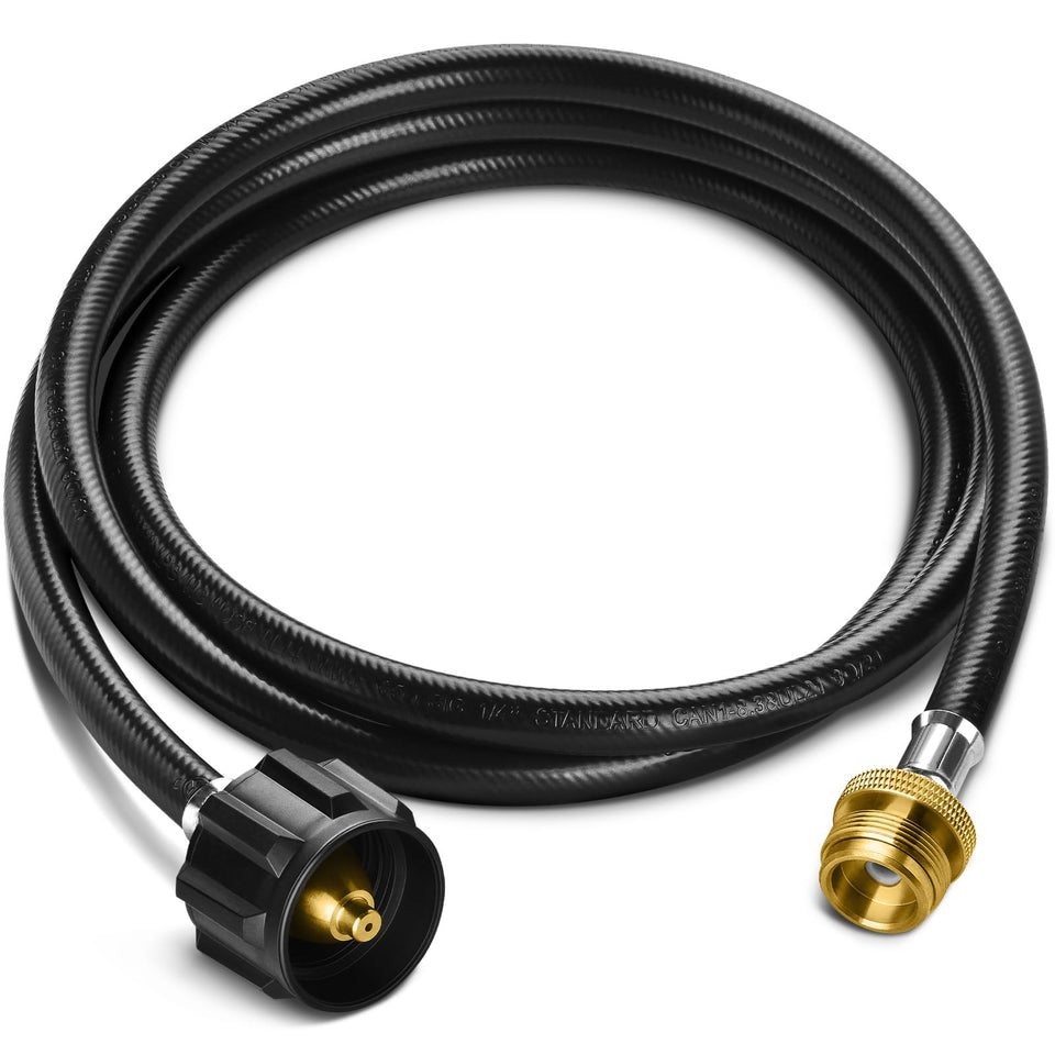 GasXpert 6ft propane hose adapter connecting 1lb to 20lb cylinders for flexible grilling setups