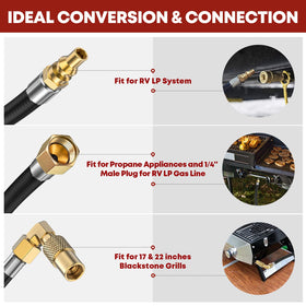 GasXpert Blackstone elbow adapter enabling seamless connection to 17 and 22 inch griddles.