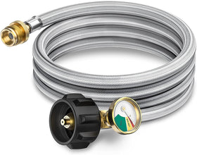 GasXpert Pros 6ft propane hose adapter with gauge showing gas status for safer outdoor use.