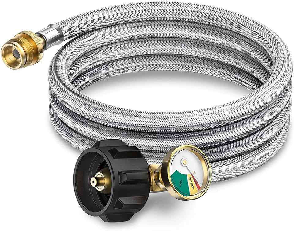 GasXpert Pros 6ft propane hose adapter with gauge showing gas status for safer outdoor use.