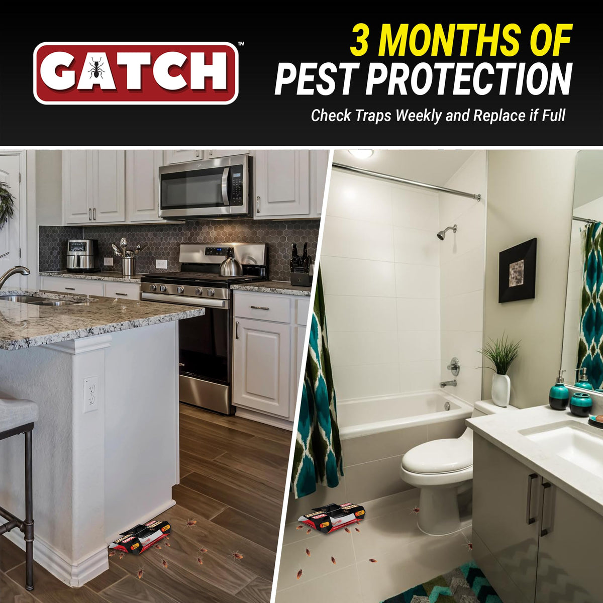 GATCH multi-entry roach trap placed along a baseboard to catch roaming insects