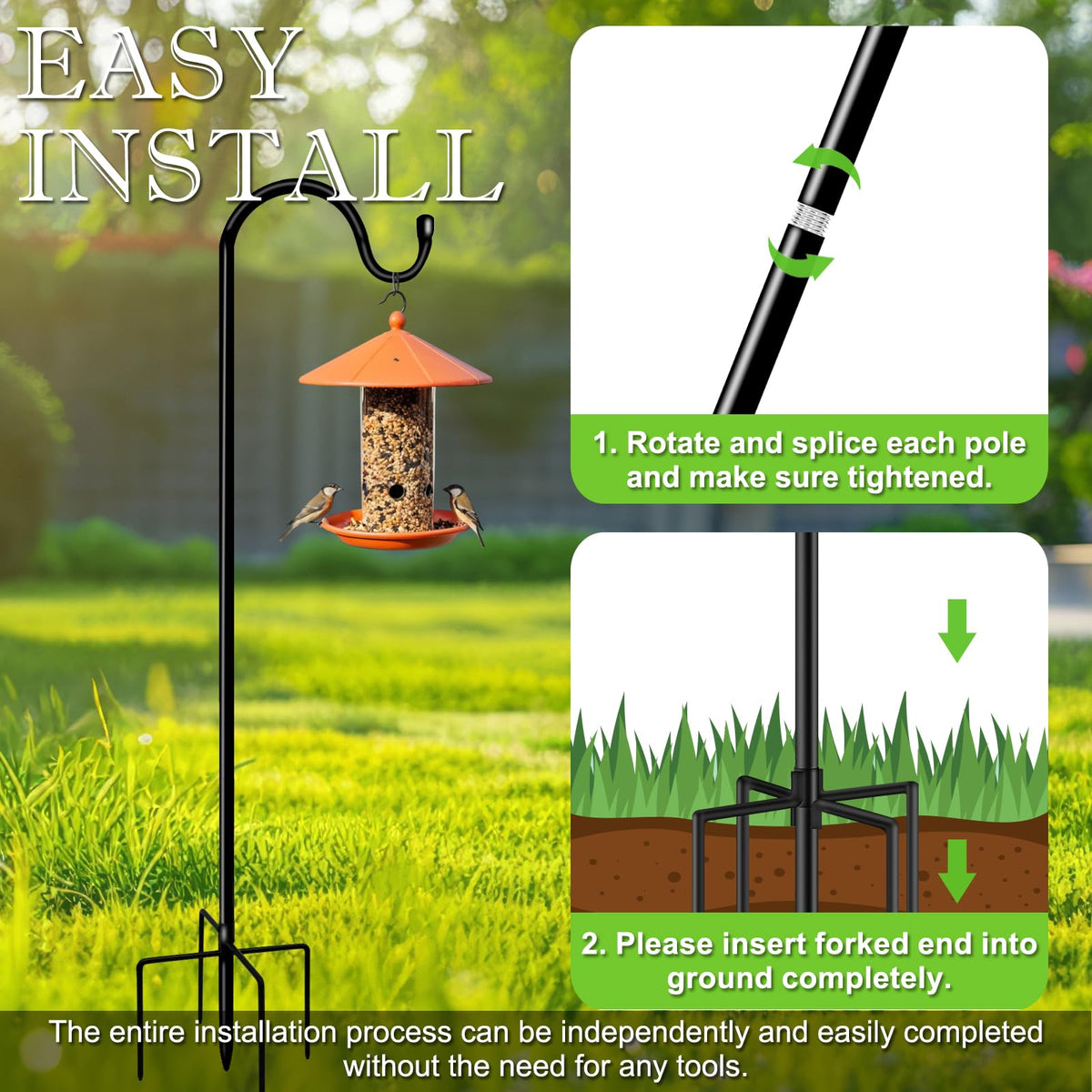GATSUNS durable black-coated shepherd hook resists rust for outdoor use.