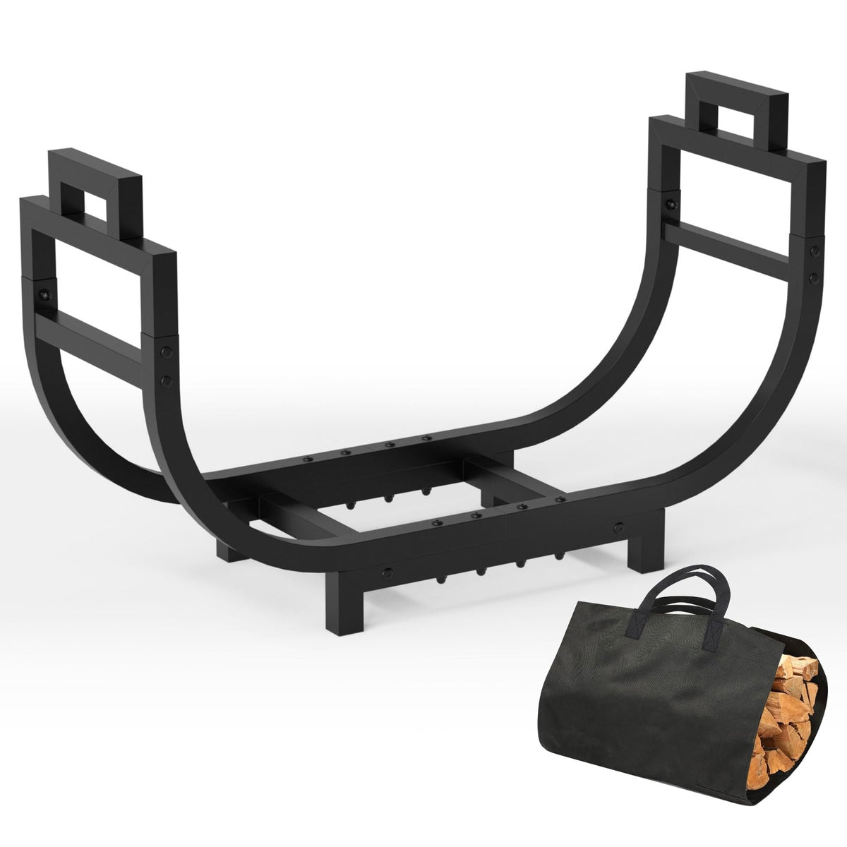GAVISCITY firewood rack on patio with fire pit, stylish outdoor organization.
