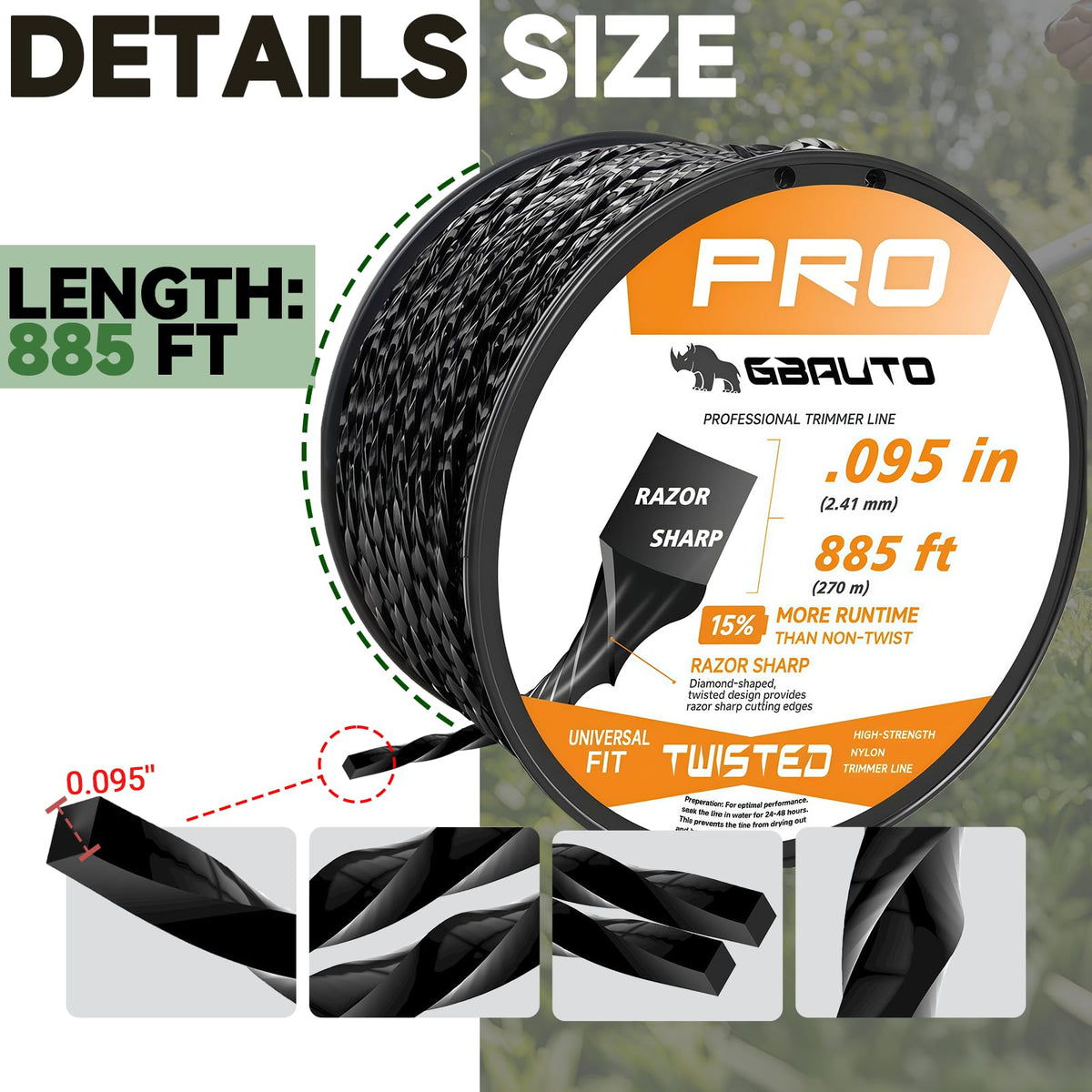 GBAuto high-strength nylon-core 0.095 in trimmer line for durable cutting.