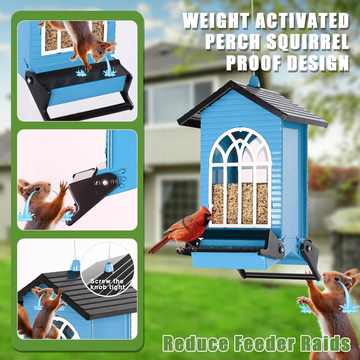 Gbekery feeder side view highlights 5-pound capacity and seed window.