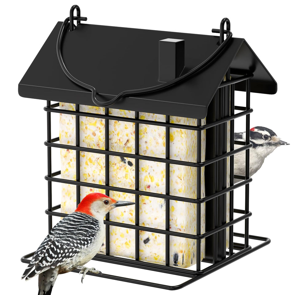 Gbekery all-metal double suet bird feeder outdoors for year-round feeding.