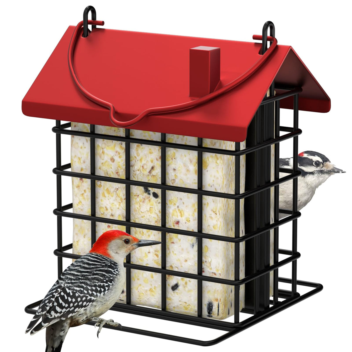 GBekery all-metal double suet feeder outdoors attracts woodpeckers and chickadees