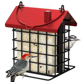 GBekery all-metal double suet feeder outdoors attracts woodpeckers and chickadees