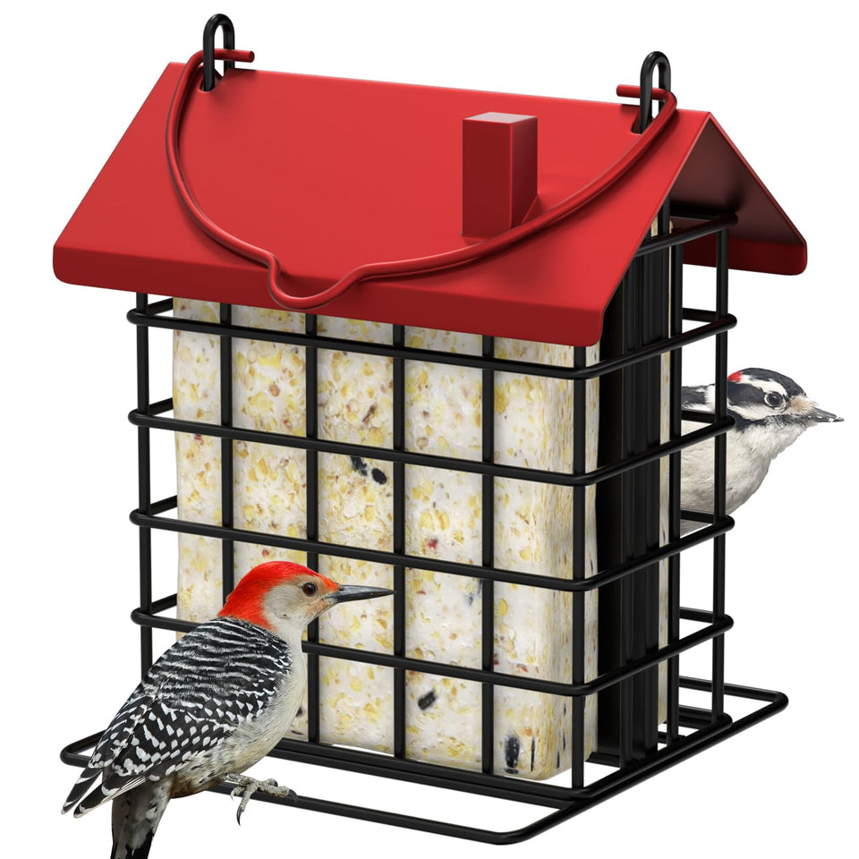 GBekery all-metal double suet feeder outdoors attracts woodpeckers and chickadees