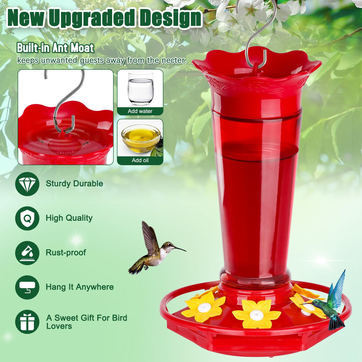 Gbekery ant-proof top protects nectar from insects.