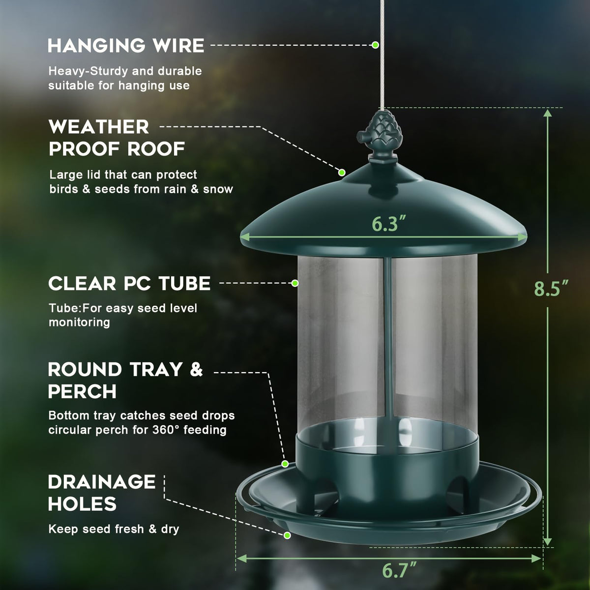 Gbekery bird feeder with 360-degree feeding tray accommodates multiple birds at once.