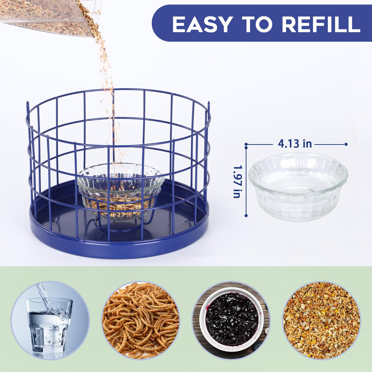 Gbekery bluebird feeder offers a roomy glass bowl suitable for mealworms, water, or jam