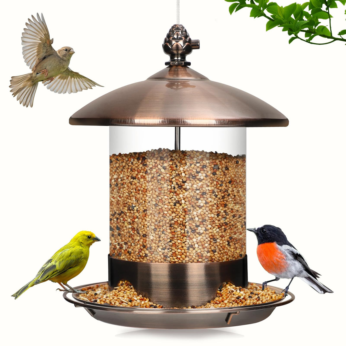 Gbekery copper metal bird feeder for outdoor hanging attracts garden birds.