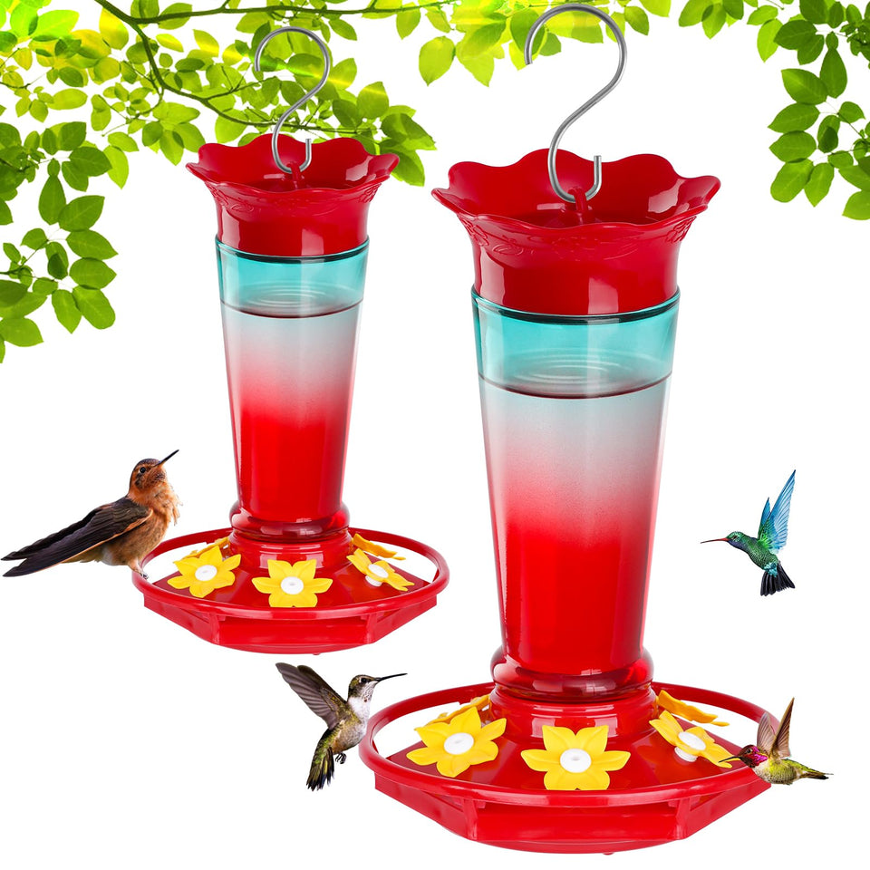 Gbekery glass hummingbird feeder with six ports, red and blue, attracts multiple hummingbirds.