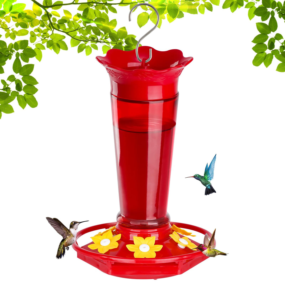 Gbekery glass hummingbird feeder with six ports attracts birds outdoors.