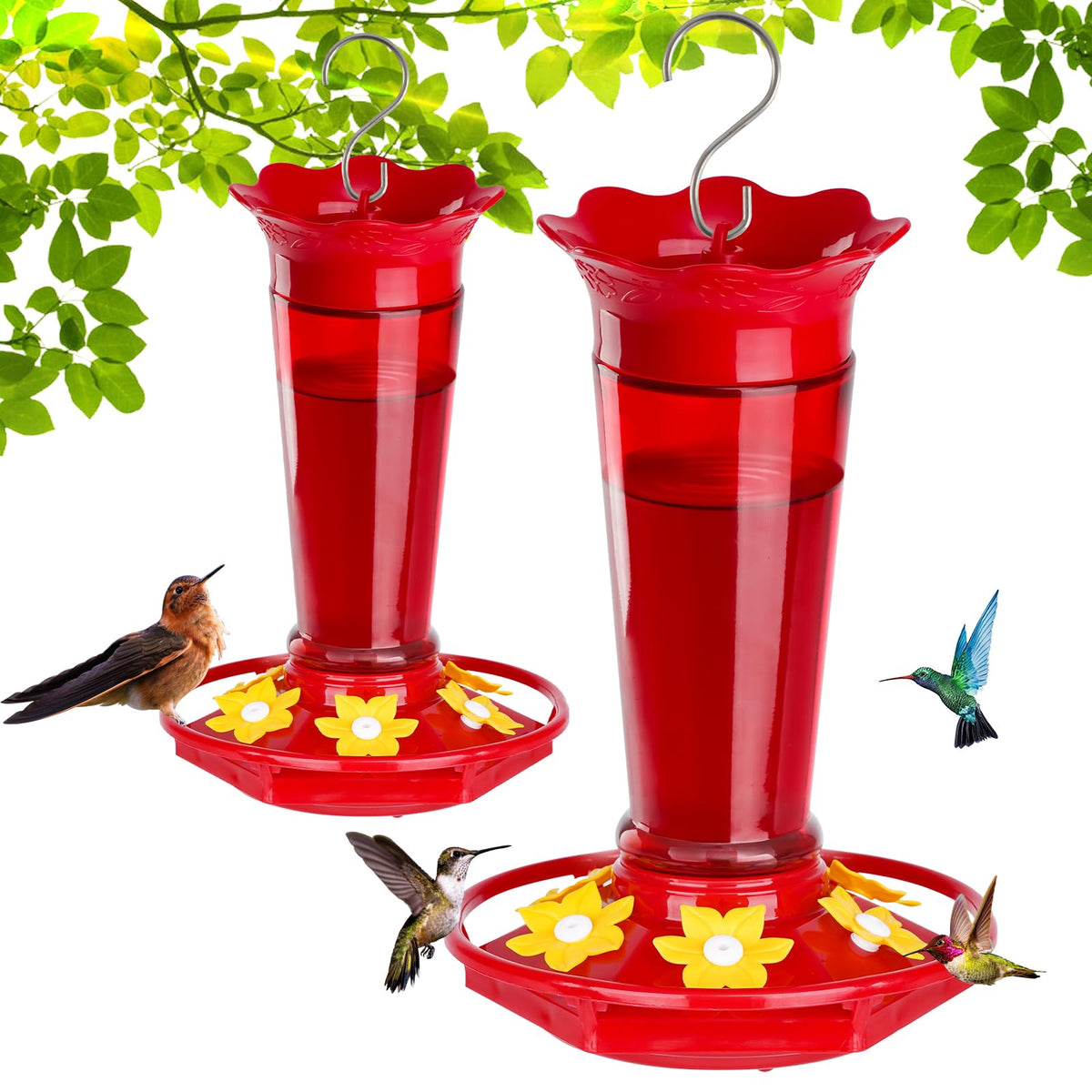 Gbekery glass hummingbird feeder in red; supports multiple birds with six ports.