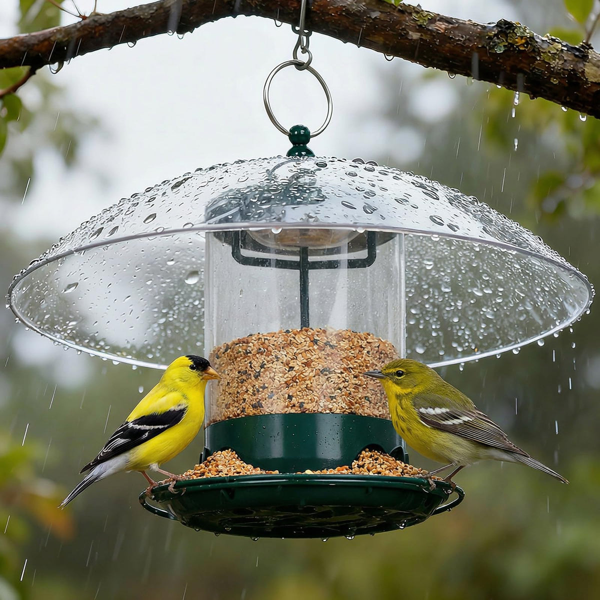 Gbekery metal bird feeder with a 12-inch dome protects seeds from rain.