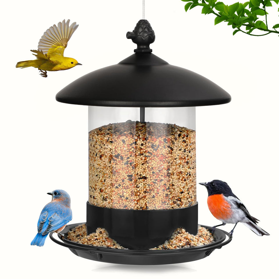 Gbekery metal bird feeder outdoors with a sturdy lid and tray for durable year-round feeding