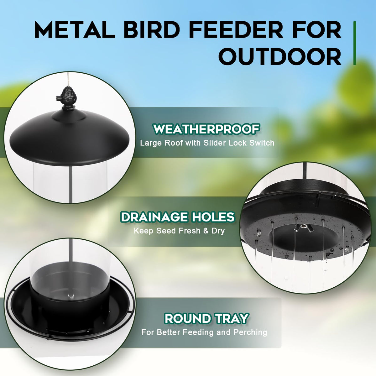 Gbekery metal bird feeder weatherproof roof protects seeds from rain and snow
