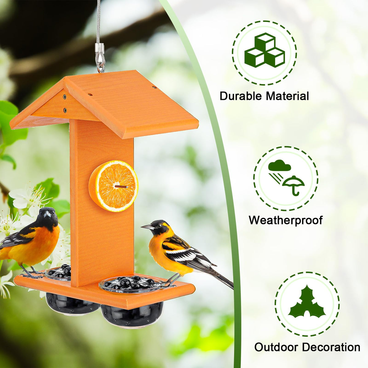 Gbekery Oriole Feeder enhances garden aesthetics while feeding birds.