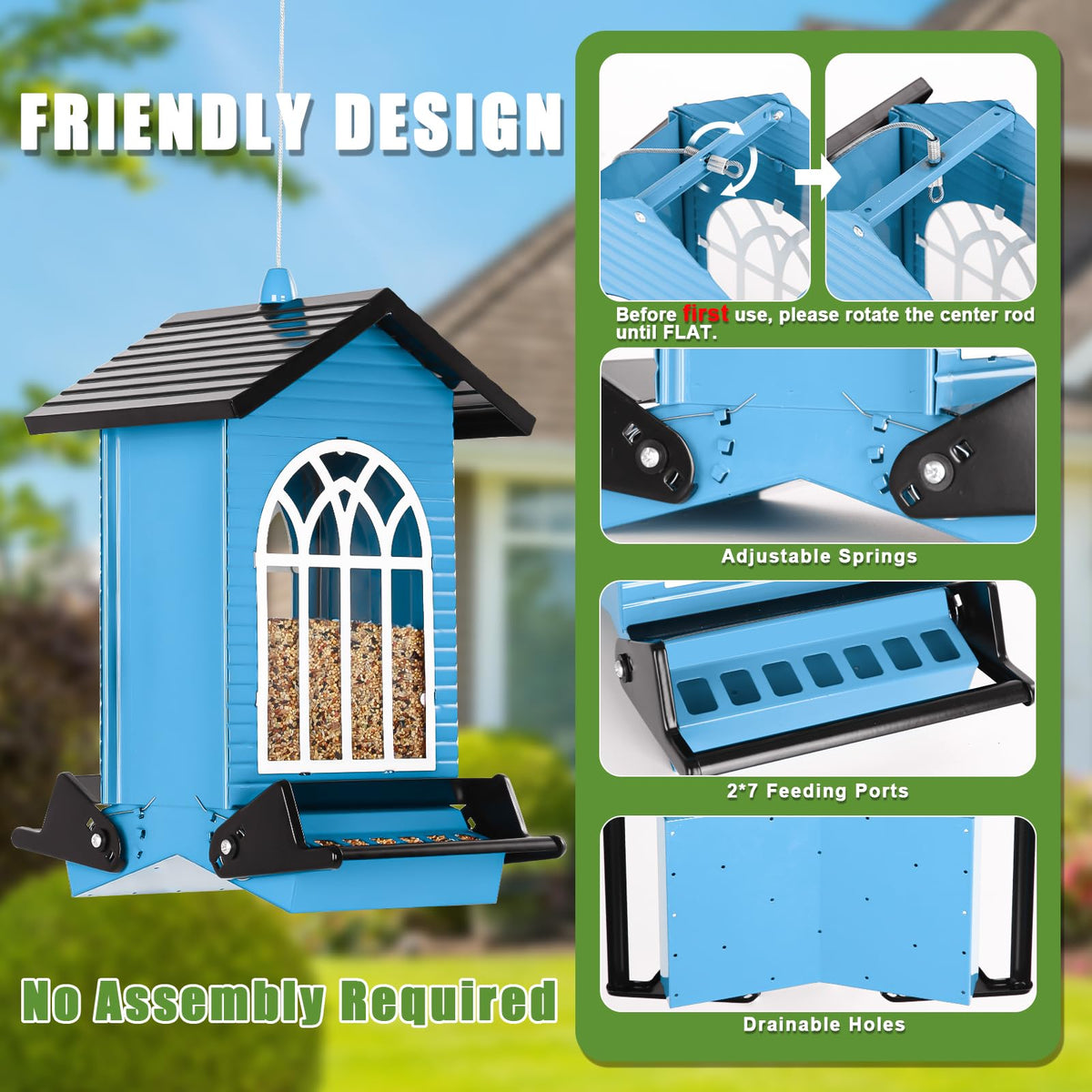 Gbekery blue feeder with secure lid and fastening buttons.