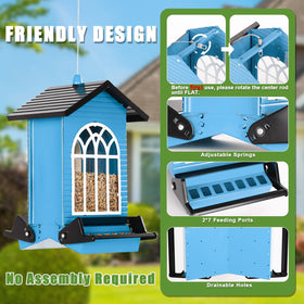 Gbekery blue feeder with secure lid and fastening buttons.