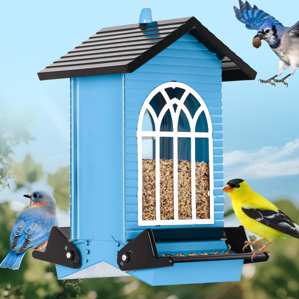 Gbekery Squirrel-Proof Bird Feeder in blue, front view showing secure lid.