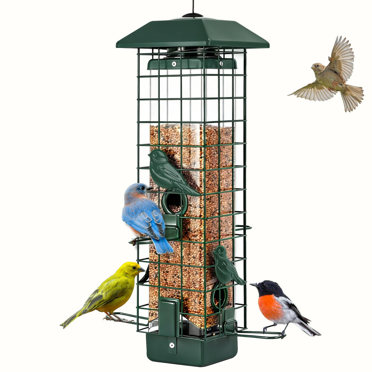 Gbekery Squirrel-Proof Bird Feeder in green hanging outdoors, protects seeds from larger pests.