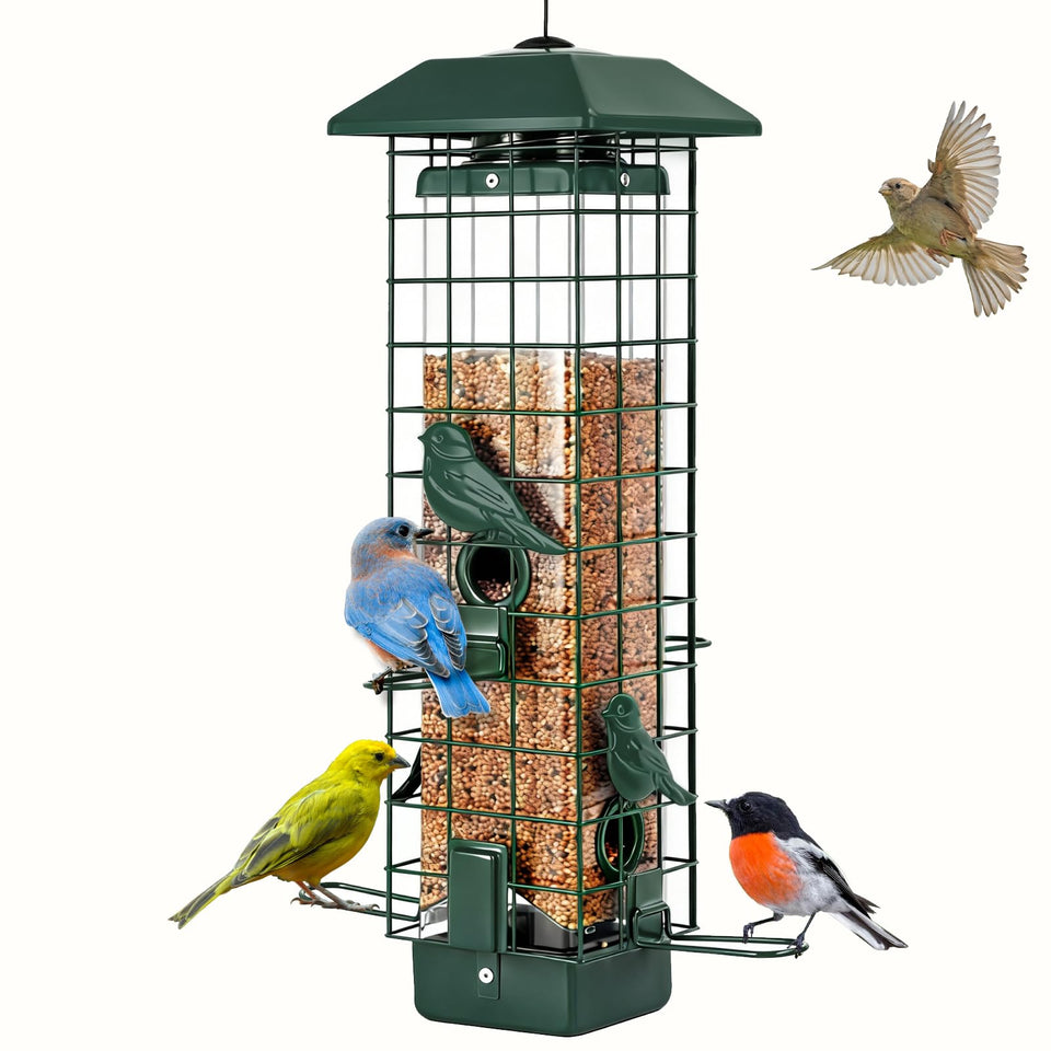 Gbekery Squirrel-Proof Bird Feeder in green hanging outdoors, protects seeds from larger pests.