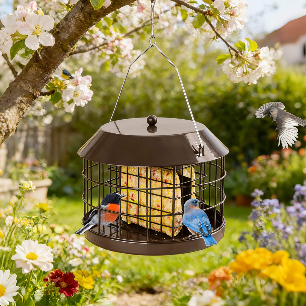 Gbekery squirrel-proof suet feeder double cage keeps larger pests out.