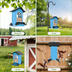 Gbekery feeder's transparent window aids easy seed monitoring.