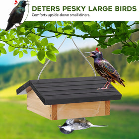 Gbekery Upside-Down Suet Feeder cedar wood construction stands up outdoors.
