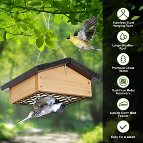 Gbekery Upside-Down Suet Feeder hangs outdoors in any season.