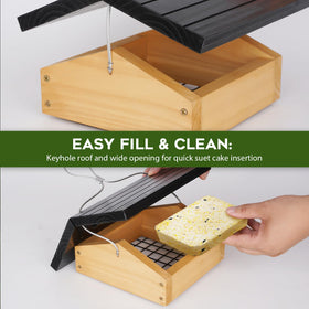 Gbekery Upside-Down Suet Feeder keyhole roof enables quick refills.