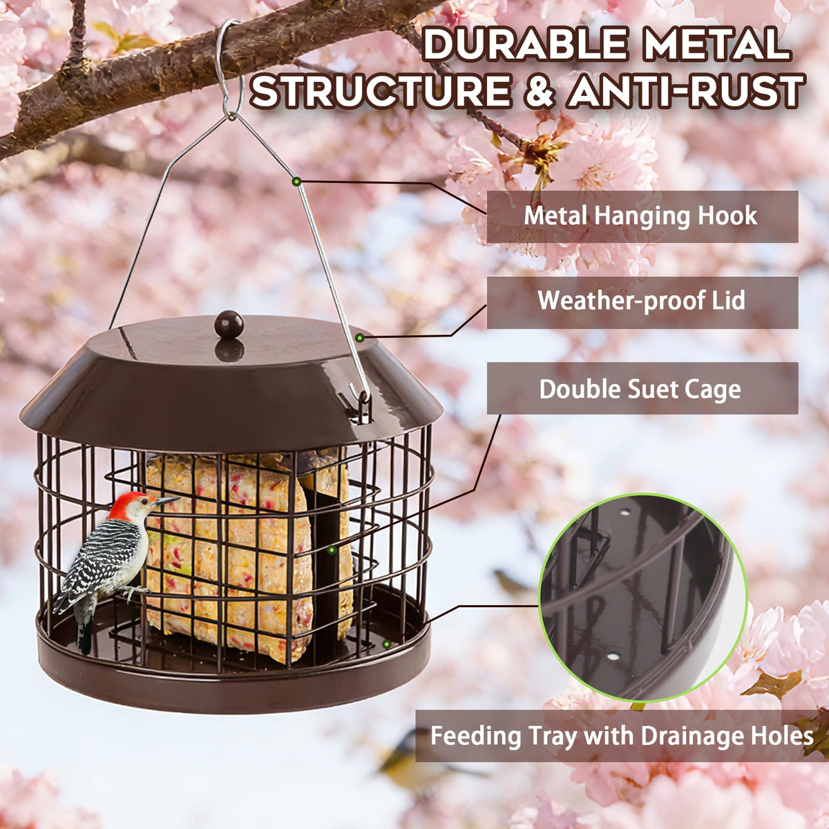 Gbekery weatherproof brown feeder resists rain and sun for year-round use.