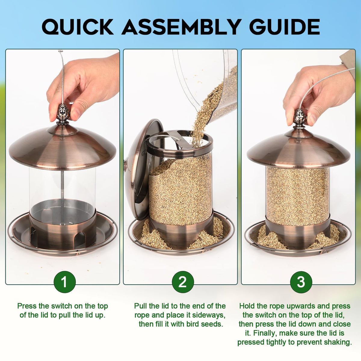 Gbekery weatherproof metal roof shields seeds from wind and rain.
